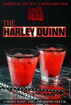 the harleyquinn movie poster with two glasses filled with red liquid and black sugar