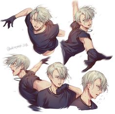 four different poses of an anime character with white hair and black clothes, one in the air