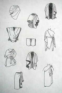 several different types of hats and scarves drawn on paper