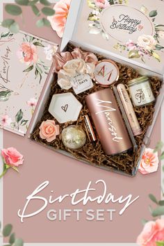 BE UNIQUE: Skip the generic boxes and say 'Happy Birthday' with a personalized birthday gift made just for her. Each gift set is uniquely customized with a monogrammed compact, and her name on the box and tumbler. The perfect custom gift for mom, a friend, or that special someone in your life. There's a theme for every style and personality. BE PRACTICAL: Hefty and high quality compact with polyurethane dome to protect the monogram from wear. Double-walled stainless steel tumbler with lid. Glaze Gold Jewelry For Birthday Gift With Gift Box, Rose Gold Necklace With Gift Box For Birthday, Spa Birthday Gift Basket For Sale, Birthday Candle Gift Set, Large Gift Boxes Pink, Vanilla Lip Balm, Leaf Monogram, Spa Items, Ceramic Ring Dish