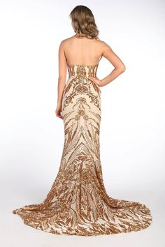 The Gianna gown in gold features gold embroidered pattern sequins over beige underlay. A classic strapless sweetheart neckline, figure-hugging bodice that flows into a mermaid sweep train exudes elegance and class. This dress will make you look and feel beautiful on a red carpet or any formal event. Note: this is a made-to-order item and will be dispatched in 5-10 business days Golden embroidered pattern sequins with beige underlay Strapless sweetheart neckline Structured internal bodice Hidden Noodz Boutique, Gown Gold, Boned Bodice, Strapless Sweetheart Neckline, Sequin Gown, Feel Beautiful, A Mermaid, How To Feel Beautiful, Sweetheart Neckline