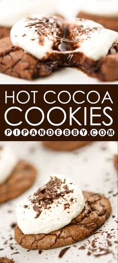 chocolate cookies with marshmallows and whipped cream on top are shown in this collage