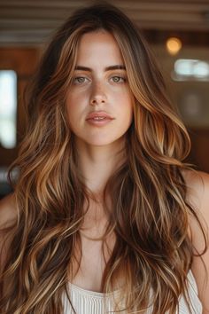 Woman with long, wavy, brown hair and freckles, standing indoors. Warm Autumn Hair Color, Caramel Highlights On Brown Hair