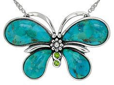 Free-Form Composite Turquoise With 0.07ctw Round Chrome Diopside Sterling Silver Butterfly Necklace. Measures Approximately 0.94"L x 1.46"W. 18" Chain With 2" Extender. Lobster Claw Clasp. This product contains Composite Turquoise. This means that separate pieces of Turquoise were bound together. Fine Jewelry Sterling Silver Turquoise Gemstones, Green Multi-stone Round Necklace, Green Multi-stone Round Necklaces, Turquoise Sterling Silver Jewelry With Accent Stones, Turquoise Multi-stone Round Necklace, Fine Jewelry Sterling Silver Turquoise Necklaces, Turquoise Fine Jewelry Gemstones As A Gift, Turquoise Round Jewelry For May Birthstone, Turquoise Gemstones For Gift, Fine Jewelry Style