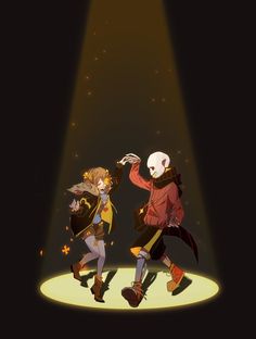 two anime characters dancing on a stage with lights shining in front of them and one is holding the other hand