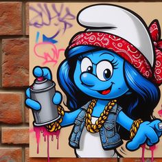 a cartoon character painted on the side of a brick wall holding a paint can and wearing a bandana