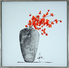 a painting of a vase with red flowers in it