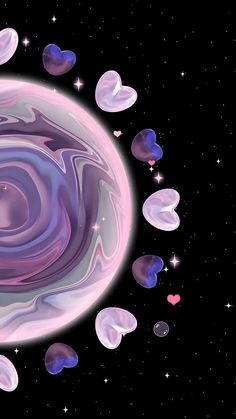 an image of a purple and blue swirl in the sky with hearts floating around it