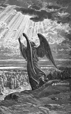 an angel standing over a large group of people