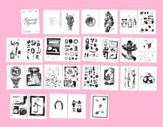 a pink background with lots of black and white images on it, including pictures of vases