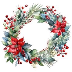 a watercolor christmas wreath with poinsettis and berries