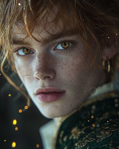 a young woman with freckles on her face and eyes looking at the camera