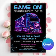 an image of a truck party with roses on the side and a game card next to it