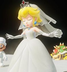 mario and princess peach wedding cake topper on the moon with mario's castle in the background