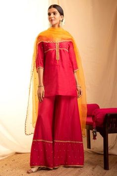 Shop for Priti Prashant Pink Handwoven Silk Kurta Set for Women Online at Aza Fashions Red Embroidered Cotton Silk Sharara, Red Cotton Silk Sharara For Festivals, Red Traditional Cotton Silk Sharara, Traditional Red Cotton Silk Sharara, Chanderi Palazzo Set For Traditional Festivals, Chanderi Palazzo Set For Traditional Ceremonies And Festivals, Chanderi Palazzo Set For Festivals And Traditional Ceremonies, Red Cotton Silk Sharara For Diwali, Chanderi Sharara For Traditional Ceremonies And Navratri