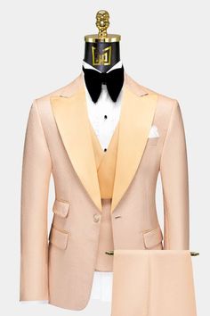 Double Breasted Champagne Tuxedo - 2 Piece | Gentleman's Guru Beige Tuxedo, Tan Tuxedo, Tan Suits, Black Tuxedo Wedding, Modern Tuxedo, Tuxedo Prom, Khaki Suits, Custom Tuxedo, Prom Tuxedo