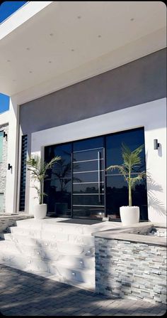 the front entrance to a modern house with large windows and plants in pots on the steps