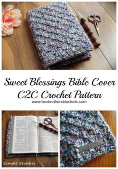 the crocheted bible cover is shown with scissors