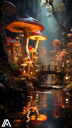 an image of some mushrooms in the forest with water and lights at night by itself