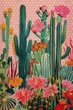 a painting of cactuses and flowers on a pink background