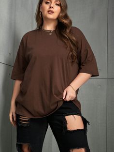 Plus Solid Drop Shoulder Tee Chocolate Brown Casual  Half Sleeve Fabric Plain  Slight Stretch Summer Women Plus Clothing, size features are:Bust: ,Length: ,Sleeve Length: Plain T Shirt Outfit, Brown Tshirt Outfit, Drop Shoulder Tshirt, Plus Size Tshirt, Oversize Tshirt Outfits, Money Lifestyle, Casual Chic Outfits, Casual Party Outfit, Brown T Shirt