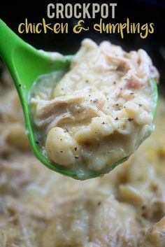 a spoon full of chicken and dumplings in gravy with the words crockpot chicken and dumplings on it