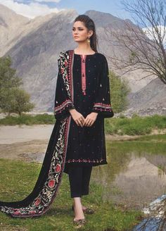 Gul Ahmed WV-12005 Velvet Winter Collection 2021 Luxury Black Lawn Suit With Naqshi, Black Long Sleeve Lawn Suit With Naqshi, Black Long Sleeve Lawn Suit With Floral Embroidery, Black Floral Pakistani Suit, Pakistani Luxury Pret, Gul Ahmed, Velvet Collection, Lawn Suits, Asian Outfits