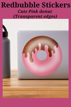 a pink donut with chocolate sprinkles on it and the words, redubble stickers cute pink donut transparent edges