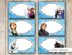 four frozen princess labels with the names of each character and their name on one side