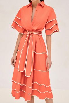 Chic Orange A-line Midi Dress, Orange Tiered Dress For Brunch, Coral Dress For Spring Brunch, Fitted Belted Tiered Dresses, Chic Orange Dresses With Ruffles, Elegant Orange Short Sleeve Dress, Tiered Summer Dresses For Workwear, Chic Tiered Dress With Tie Waist, Orange Dresses For Spring Daywear