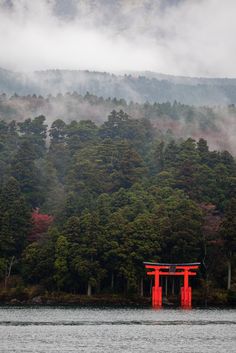 a large body of water with trees in the background and a red gate on it