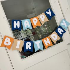 a happy birthday banner hanging from a window