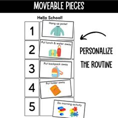 a poster with words and pictures on it that say moveable pieces, personalize the routine