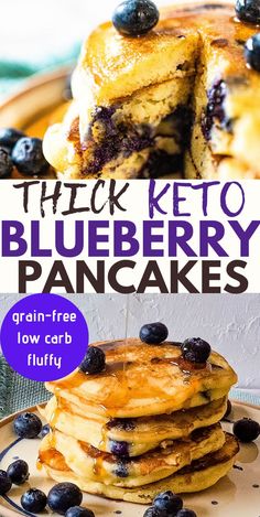 blueberry pancakes stacked on top of each other with the words thick keto blueberry pancakes