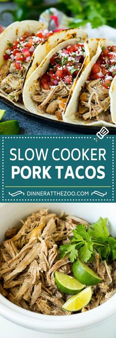 slow cooker pork tacos with limes and cilantro on the side