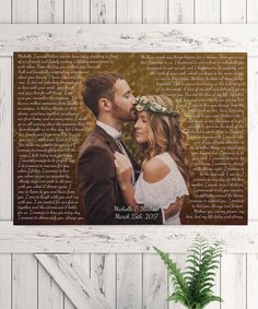 a couple kissing in front of a wooden wall with the words, love and marriage written on it