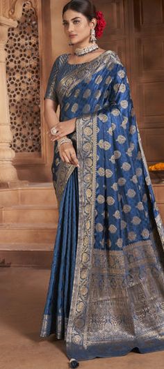 Blue color Saree in Satin Silk fabric with Weaving work Blue Color Saree, Reception Saree, Reception Lehenga, Zari Work, Traditional Sarees, Satin Silk, Party Wear Sarees, Blouse Length, Black Wedding