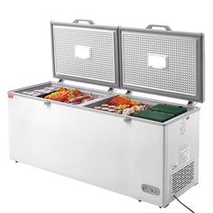 two coolers with food in them sitting side by side on a white background,