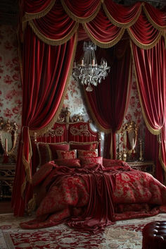 a bedroom with red drapes, curtains and a chandelier