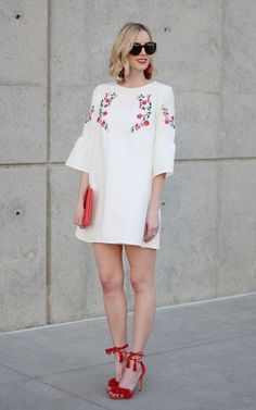 how to stay stylish on a budget, embroidered white dress, red tassel heels, red clutch New Wardrobe On A Budget, Red Heels Outfit, Heels Outfits Dress, Embroidered White Dress, Red Outfits For Women, Tassel Heels, White Dress Outfit, Red Clothing, Straight A