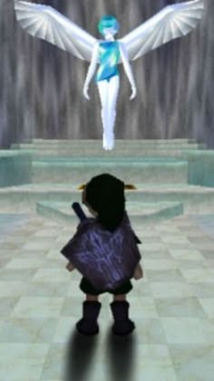 an animated character standing in front of a waterfall with wings flying above her head and holding a baseball bat