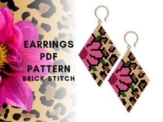 a pair of earrings with pink flowers and leopard print on the side, next to an image of a flower