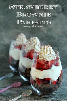 strawberries and brownie parfaits in small wine glasses