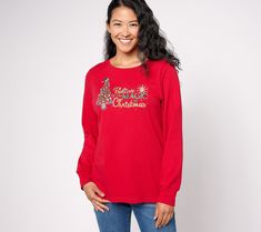 Ugly holiday sweaters are fun for a party, but to really get in the spirit (in an everyday, completely comfy way) slip on this charming, cheerful, soft cotton top. Perfect for present-wrapping, baking, and just being together. From Quacker Factory®. Festive Holiday Cotton Sweater, Christmas Long Sleeve Tops With Cozy Fit, Fun Winter Tops With Relaxed Fit, Winter Fun Relaxed Fit Tops, Festive Holiday Cotton Tops, Fun Crew Neck Tops For Holiday, Relaxed Fit Christmas Holiday Tops, Winter Holiday Relaxed Fit Tops, Winter Holiday Tops With Relaxed Fit