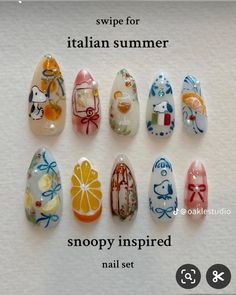 Nail Design Inspiration Summer, Italy Nail Art, Oaklestudio Nails, Snoopy Nail Art, Unique Summer Nails, Snoopy Nails, Pretty Aesthetic, Summery Nails