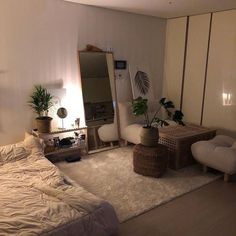 a bedroom with a bed, mirror and plant in it's corner on the floor