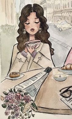 a drawing of a woman sitting at a table in front of a plate of food