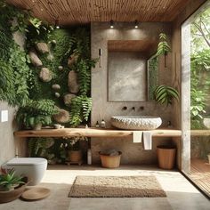 a bathroom that has plants on the wall