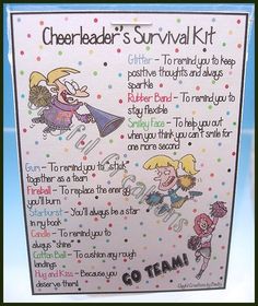 a cheerleader's survival kit is displayed on a sign