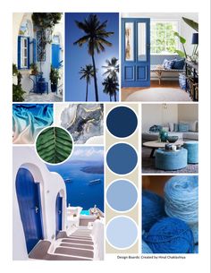 the color scheme is blue and white with palm trees, water, and other things in it